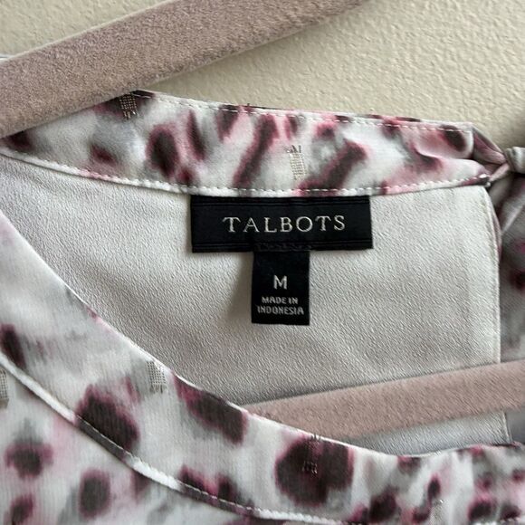 Talbots Womens Shirt Blouse White Pink Leopard Animal Tie Neck Size Medium - Picture 4 of 5